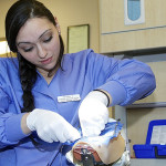Dental assistant practicing on dummy